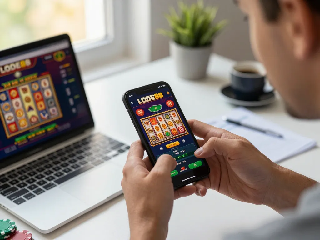 Explore LODE88 casino app gameplay on mobile device in modern cozy setting with strategic elements